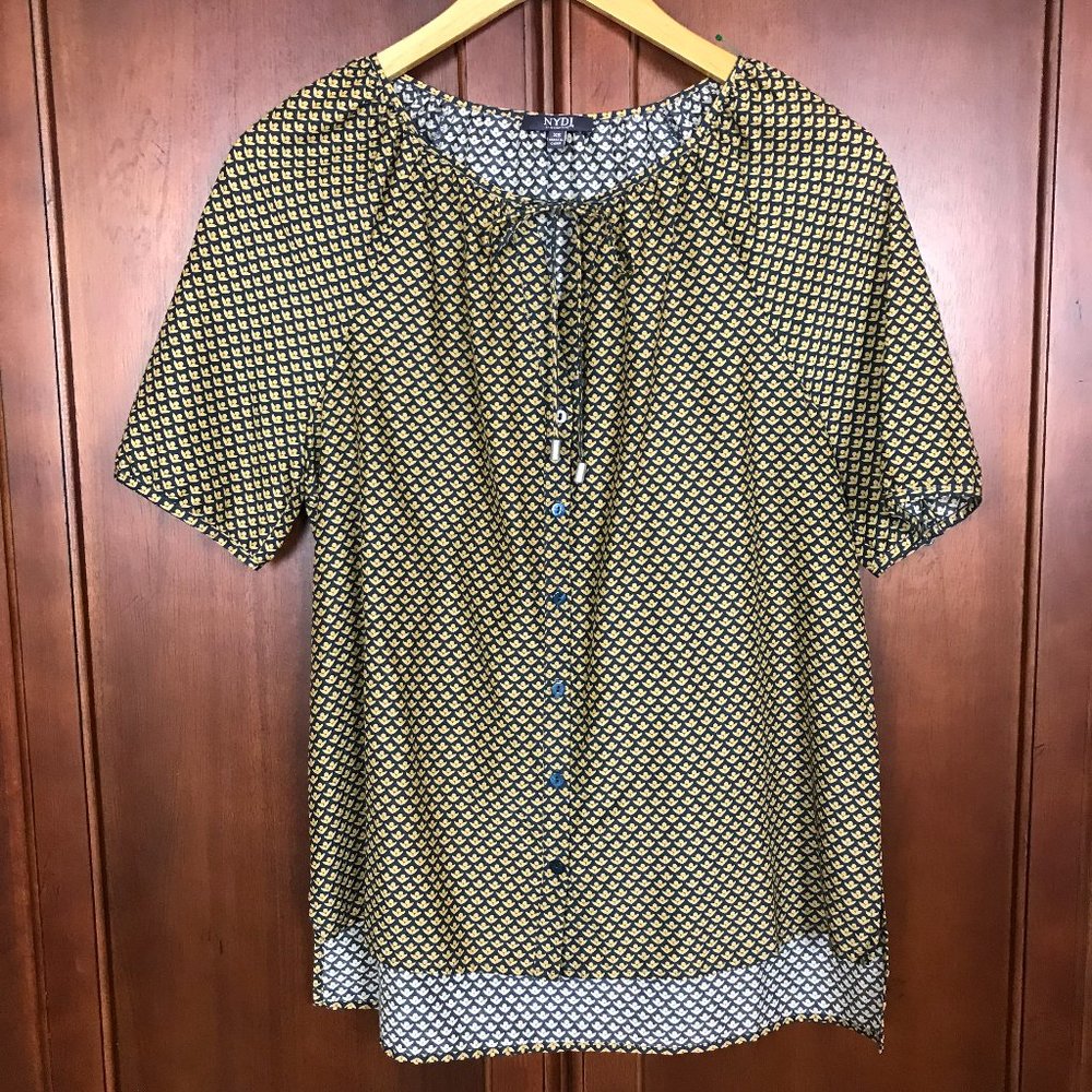 NYDJ Black Gold Print Button Up Short Sleeve Cotton Silk Top Size XS